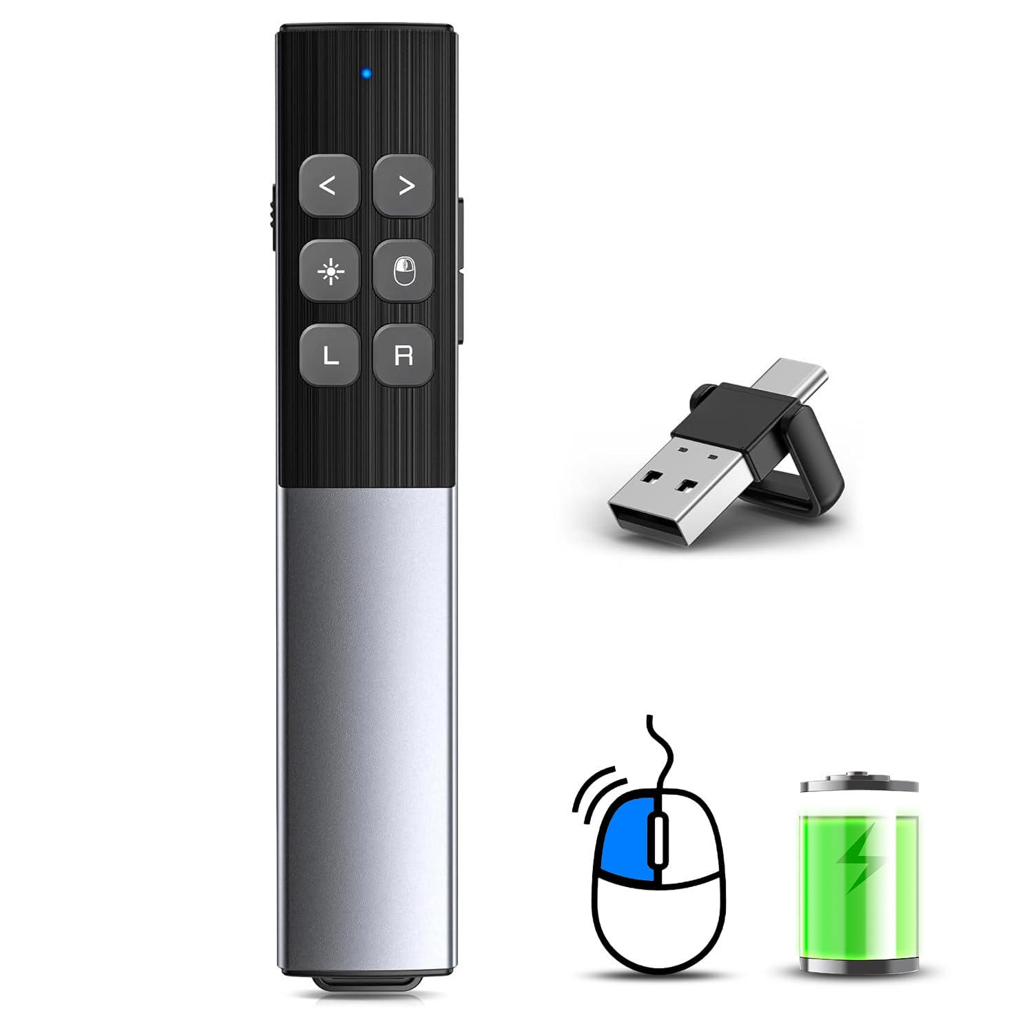 Metálica Pasador Diapositivas Mando Ordenador Powerpoint con Ratón de Aire, USB/Tipo-C 2 en 1 Recargable Presentador Inalambrico Mando Puntero Powerpoint para Mac iPad Computadora Portátil