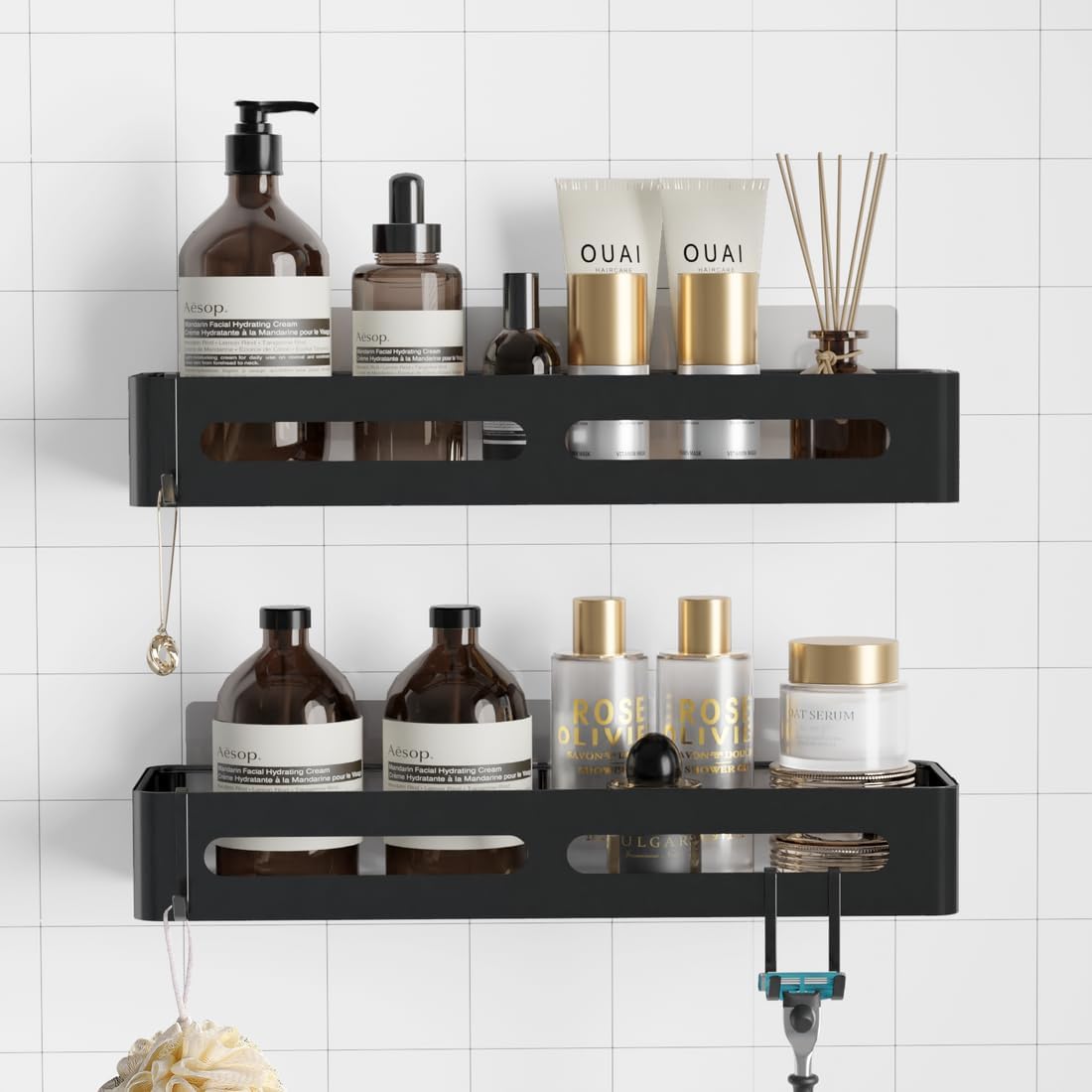 Sakugi Shower Caddy - XX-Large Adhesive Shower Organizer, Rustproof Shower Shelves for inside Shower, Stainless Steel Shower Rack for Bathroom, Home Decor, No Drill, Black, 2 Pack