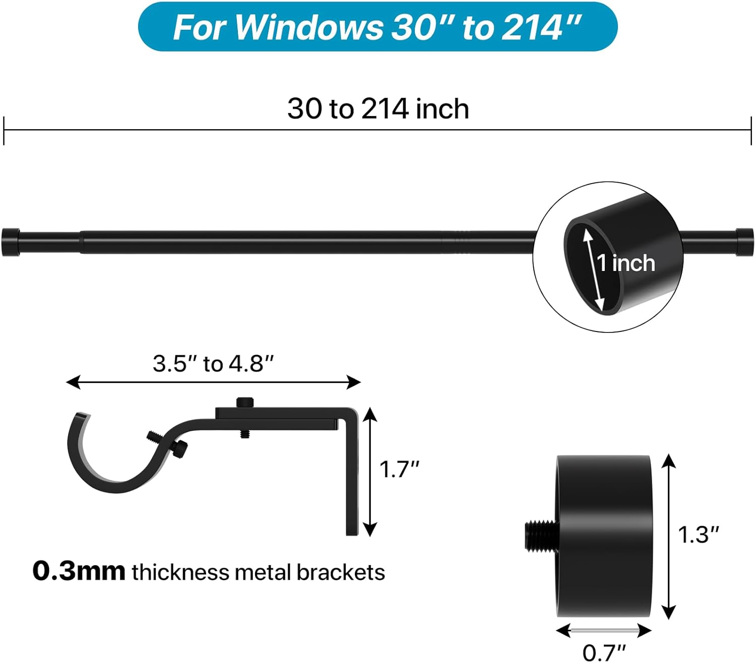 Extra Long Curtain Rods 120-inch to 214-inch, 1 inch Heavy Duty Drapery Rod for Outdoor Patio, Living Room, Bedroom, Sliding Door, Modern Black Curtain Pole Adjustable 10-17.5ft