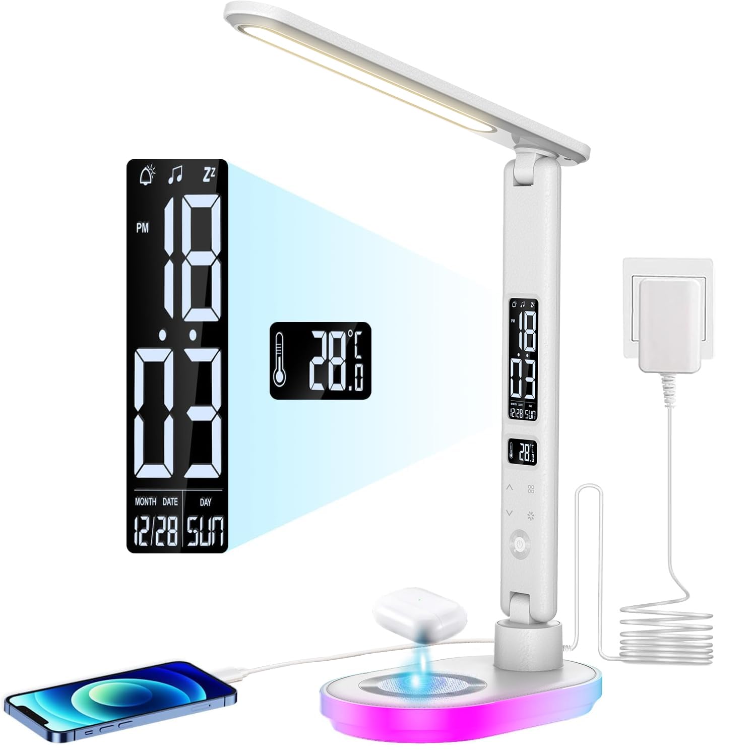 CCHKFEI Lámpara de Escritorio LED con Cargador Inalámbrico & Puerto USB, 3 modos de color con lámpara táctil de escritorio, con temperatura, fecha, reloj RGB para cafetería, escuela, trabajo, estudio