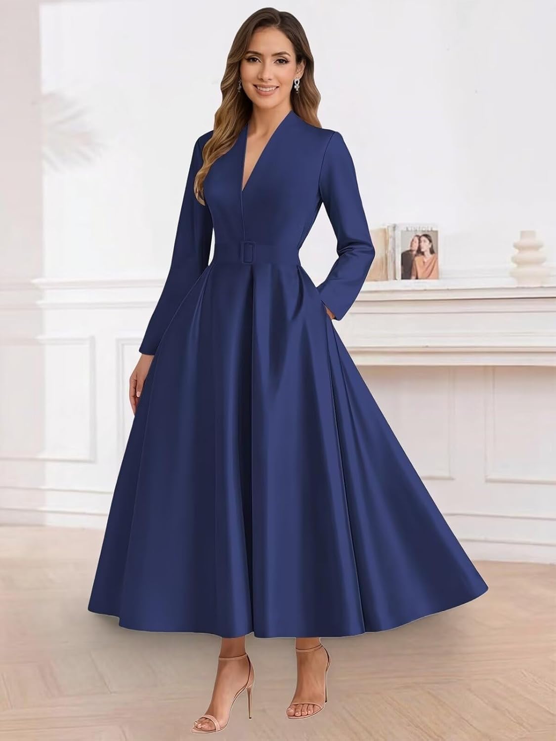 Long Sleeve Satin Mother of The Bride Dresses for Women Tea Length Mother of The Groom Dresses with Pockets Belt - Image 5