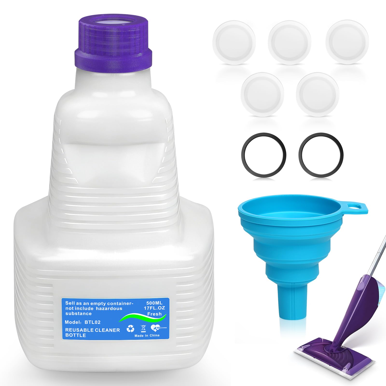 Photo 1 of 1 Pack Refillable Bottle for Swiffer Wet Jet Mop - 500ML Leak-Proof HDPE Empty Cleaner Solution Bottle with 5 Silicone Gaskets & 1 Funnel Wood Care & Pet Safe, Eco-Friendly