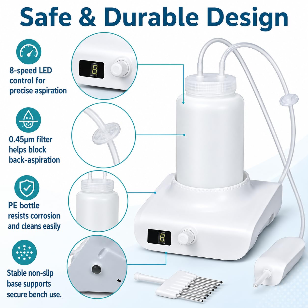 Reciclador de líquidos residuales con aspirador de vacío de banco de laboratorio de 1 litro, ajustable en 8 velocidades, succión de 1,6 l/min, pantalla LED, filtro de 0,45 μm para uso en laboratorio