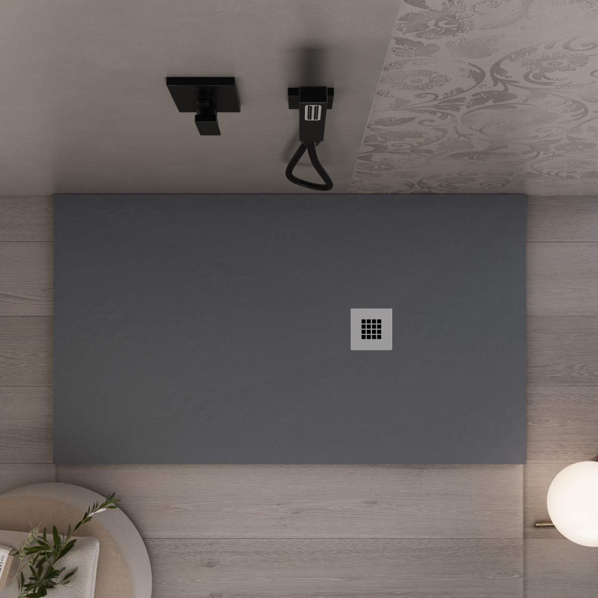 Luminosa ArredoBagno Plato de ducha Marmoresina 80 x 200 cm – Efecto piedra antideslizante con gemelat – Modelo Marmoek color antracita – Rejilla de acero y desagüe incluidos