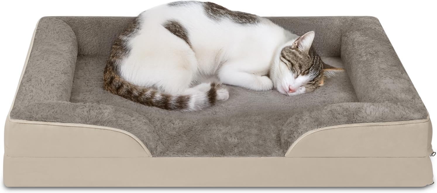 Ergonomisches Katzenbett für Europäische Kurzhaar, 50x60x14 cm, für Maine-Coon und kleine Hunde - Orthopädisches Katzenkissen - waschbares Katzenkörbchen mit hohem Rand Beige 50 cm x 60 cm x 14 cm