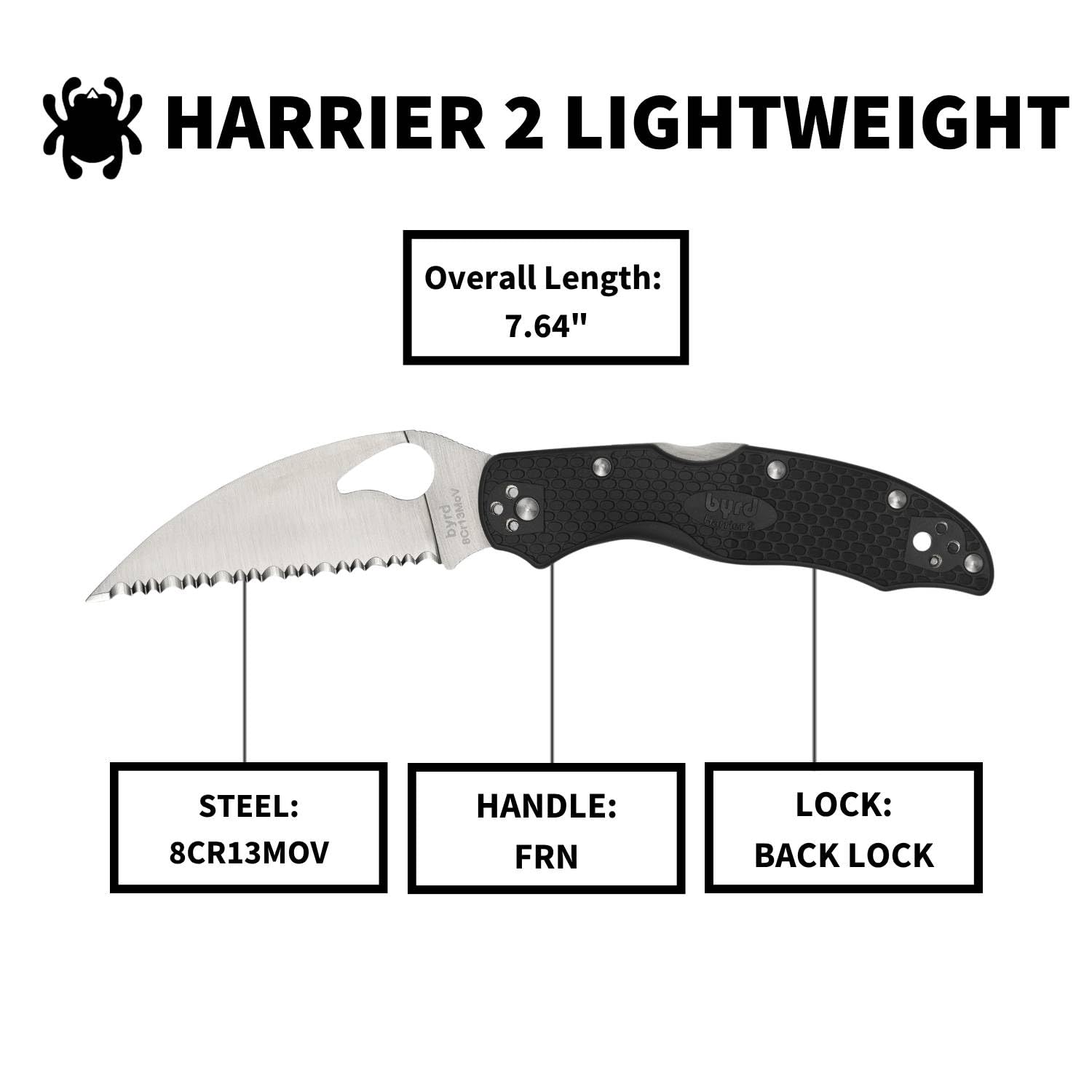 Spyderco Byrd Harrier 2 Lockback | 19,4 cm Gesamtlänge, 8,6 cm 8Cr13MoV-Stahlklinge, FRN-Griff, Rückenverriegelung, vollflächiges Mahlen