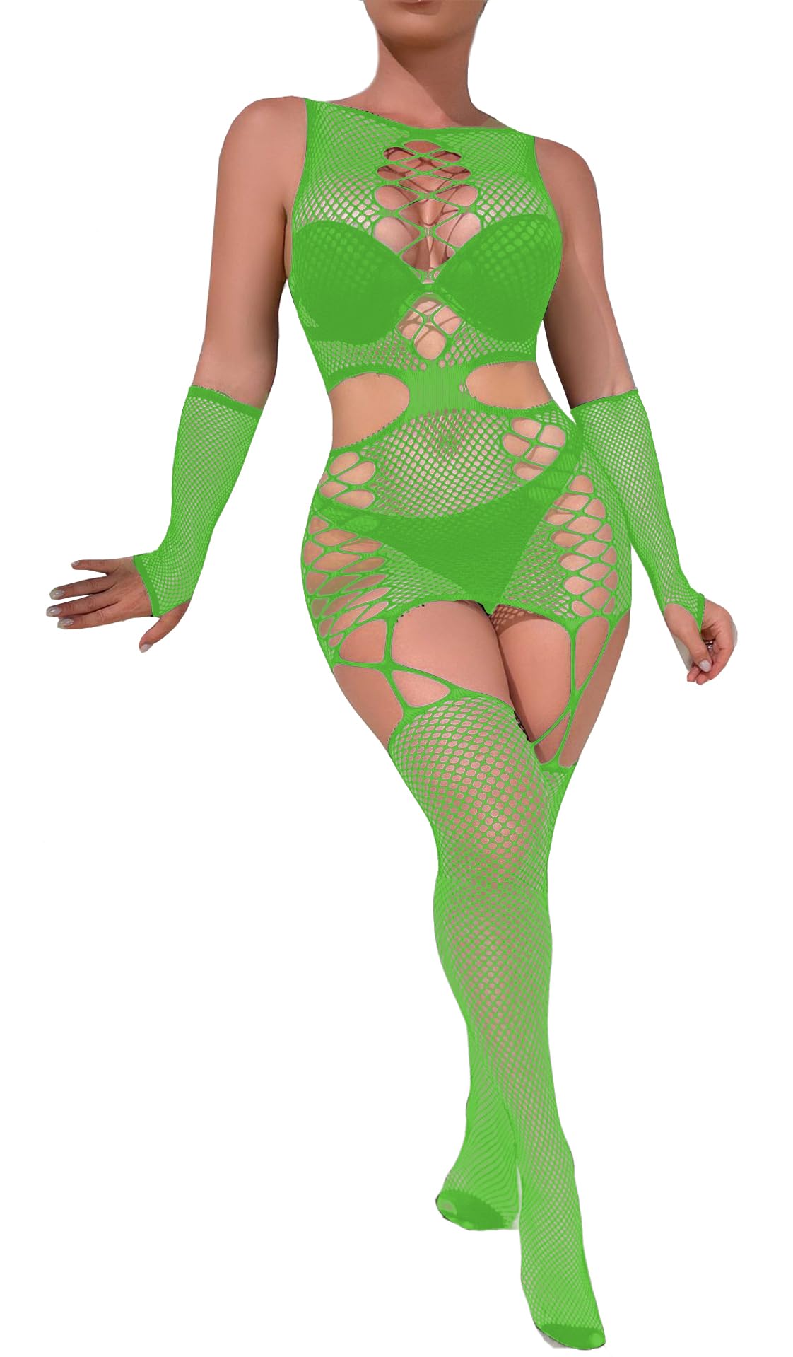 Rayson Conjunto Mujer Lenceria Ropa Interior Bodystocking con Guantes Malla Mini Vestido de Encaje Lencería Ropa Interior de Malla