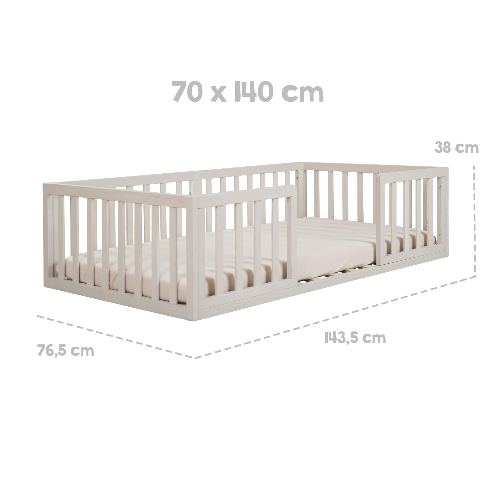 roba Letto Montessori a Pavimento 70 x 140 cm per Bambini - Con Rete a Doghe e Protezione Anticaduta - Concetto di Riposo a Livello del Pavimento per Bambini Piccoli - Stone Washed