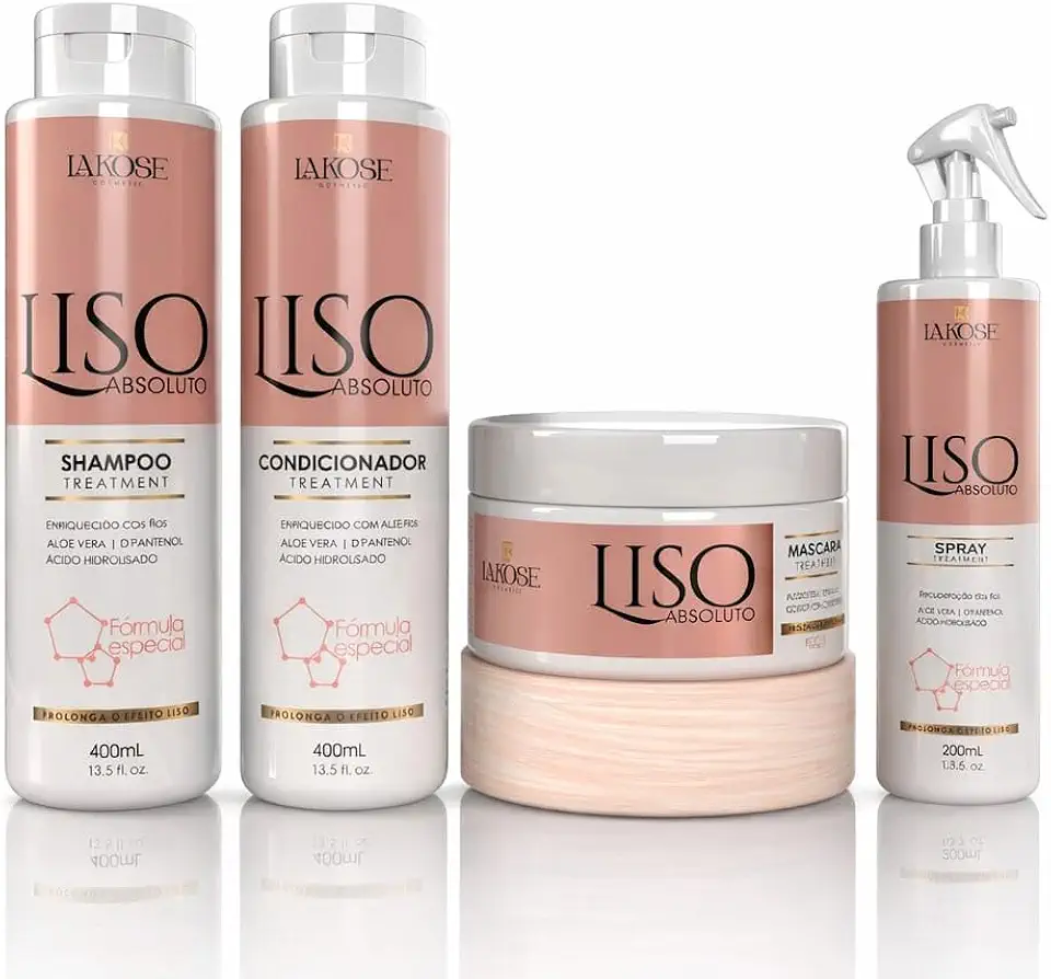 Kit Shampoo e Condicionador com Máscara e Spray Finalizador Lakose Liso Absoluto - Prolonga Efeito Liso, Anti-Frizz e Brilho Intenso - 4 Itens