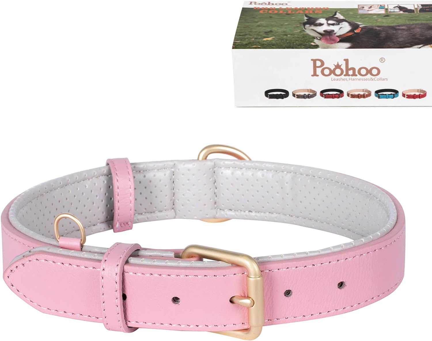 Poohoo Genuine Leather Dog Collar Soft & Breathable PU Leather Padded Metal Hardware Rust-Proof Heavy with Duty Dog Tag Ring for Medium…