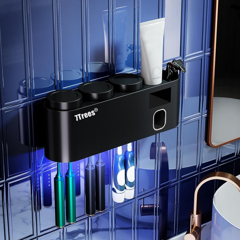 Toothbrush Sanitizer, Self Adhesive Toothbrush Holder with 3 Cups, Automatic Toothpaste Squeezer Dispenser Bathroom Accessories Set (Black) - Image 5