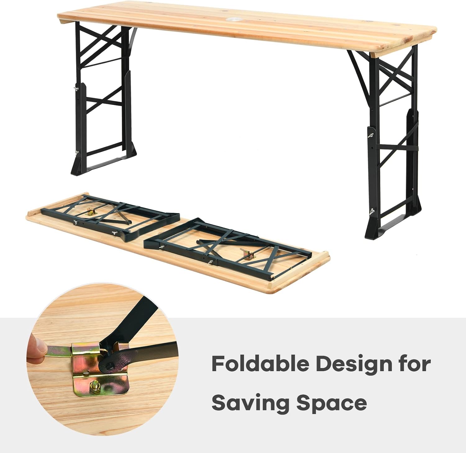 Goplus Folding Picnic Beer Table, Outdoor Camping Table with Umbrella Hole, Adjustable Heights and Wood Top, Portable Picnic Table for Patio Garden Party Backyard, No Assembly