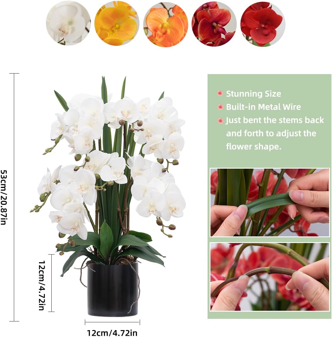 CXGS Artificial Orchid Flower Plants Real Touch Faux Orchids in Ceramic Vase 20.9'' White Phalaenopsis Orchid Fake Flower Arrangement Home Indoor Decor