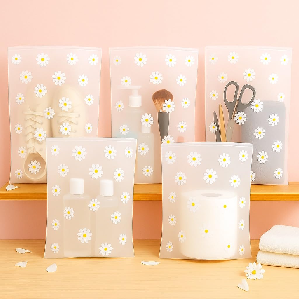 PulGos Pack of 5 Multipurpose Storage Bags – Frosted Semi-Transparent Travel Pouches with Daisy Print | Reusable Zip Bags for Toiletries, Makeup, Shoes & Gifting | Travel Packing Cubes-image-13