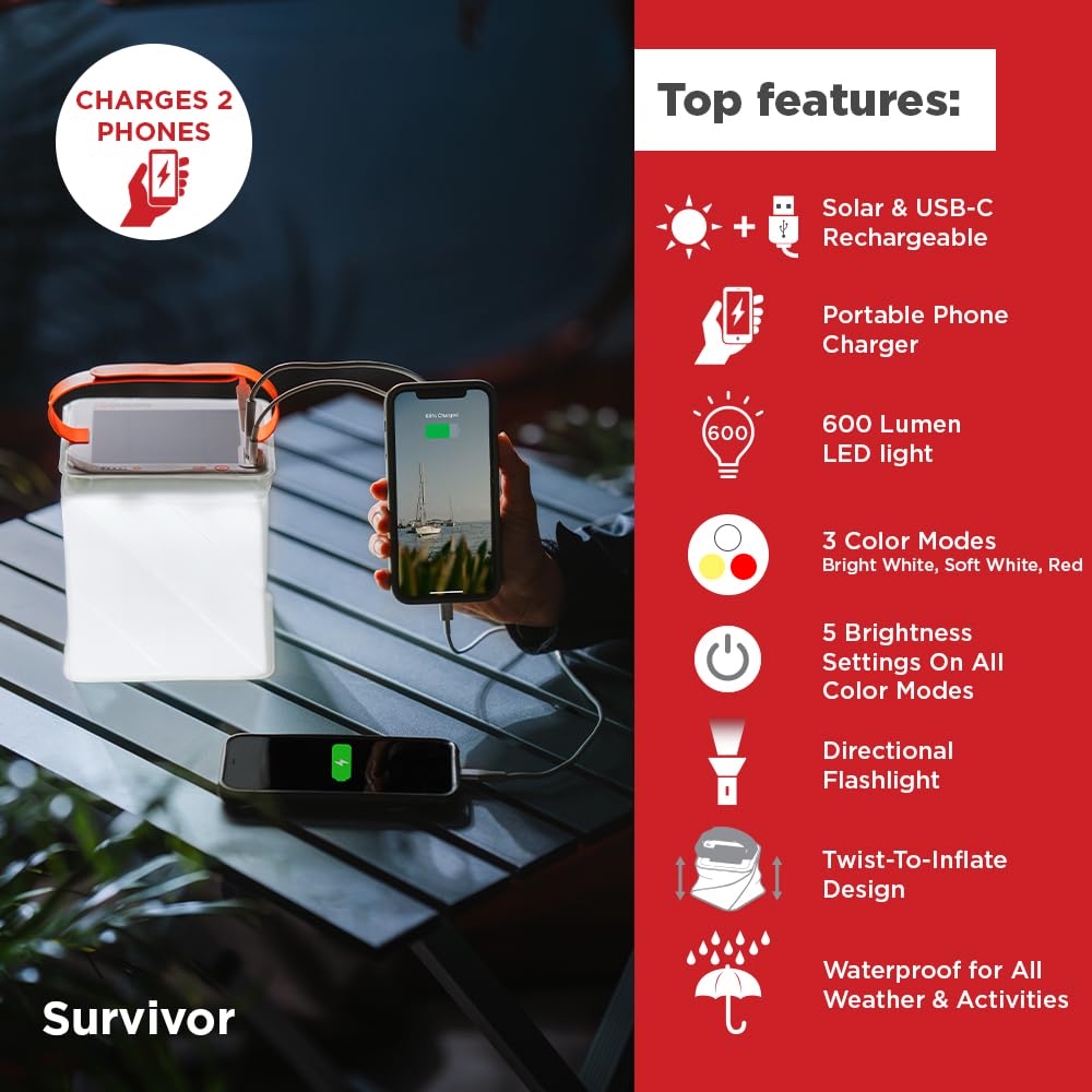 Luminaid Survivor Solar Lantern Duel - Cargador de teléfono 600 LMS máximo, 5 ajustes de luz, incluye giro de flash para inflar más de 130 horas de tiempo máximo de funcionamiento, recarga a través de