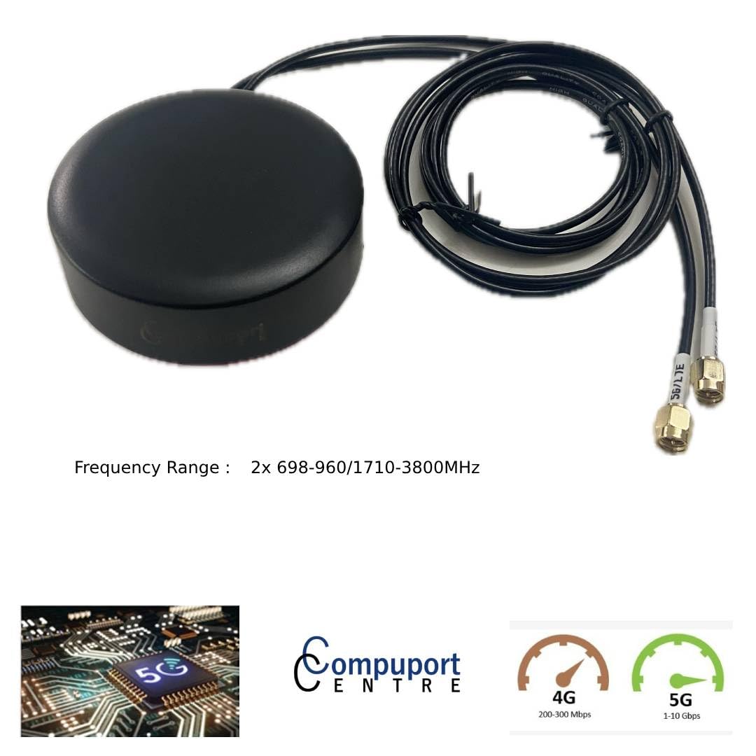 L'antenne de palet de montage magnétique et adhésif CompuPort 5G Cellular Omni-Directional est conçue pour une gamme d'applications cellulaires, y compris les appareils IoT. Câble mâle SMA double