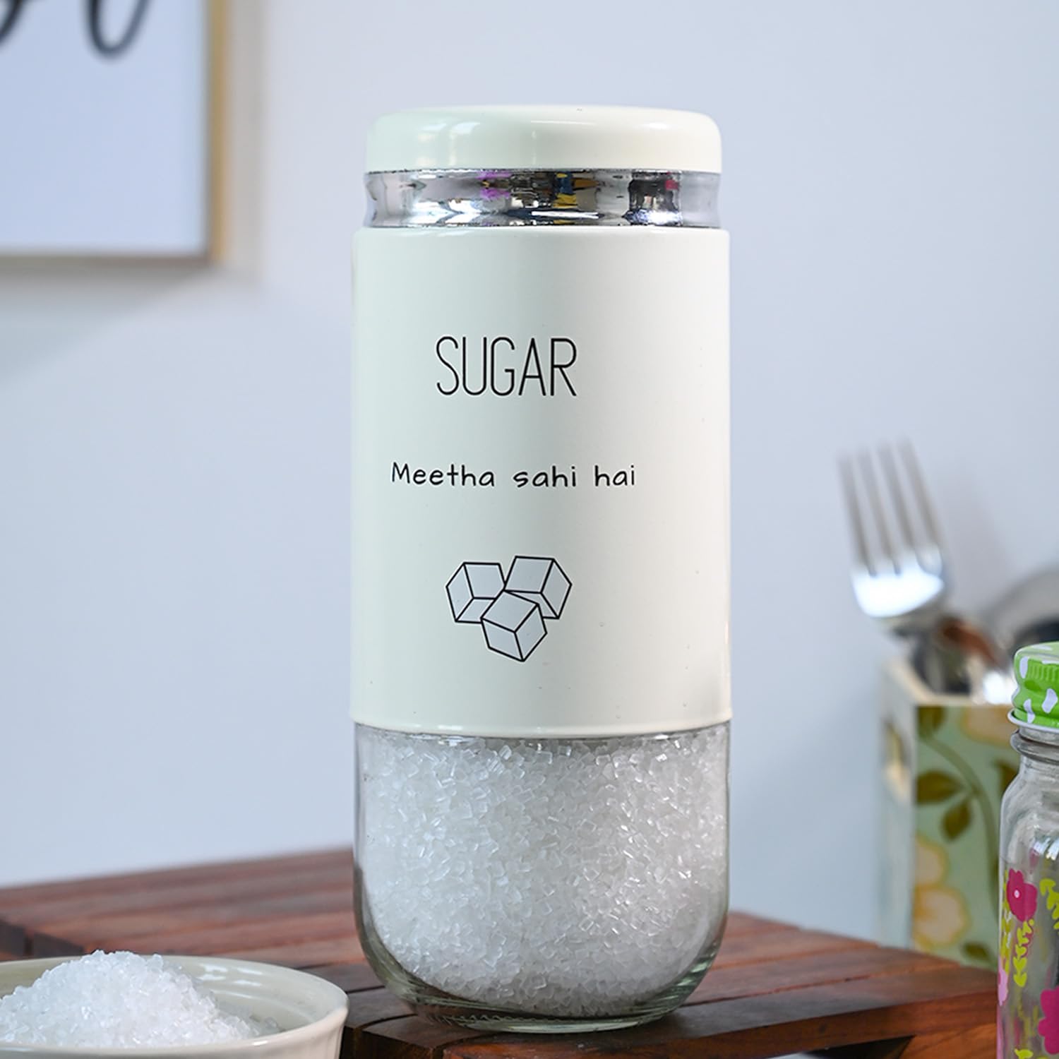 MARKET 99 Glossy Cylindrical Sugar Storage Jar | Ivory Glass Container for kitchen Storage | Airtight and Stylish Canisters for Organized Pantry & Countertop