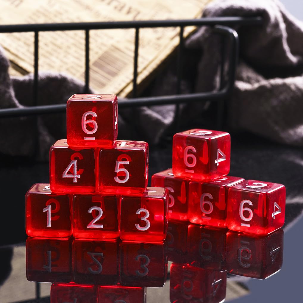 Juego de 10 dados poliédricos D6 de 16 mm de acrílico de 6 caras para juegos de mesa de Dungeons and Dragons RPG MTG DND (rojo transparente)