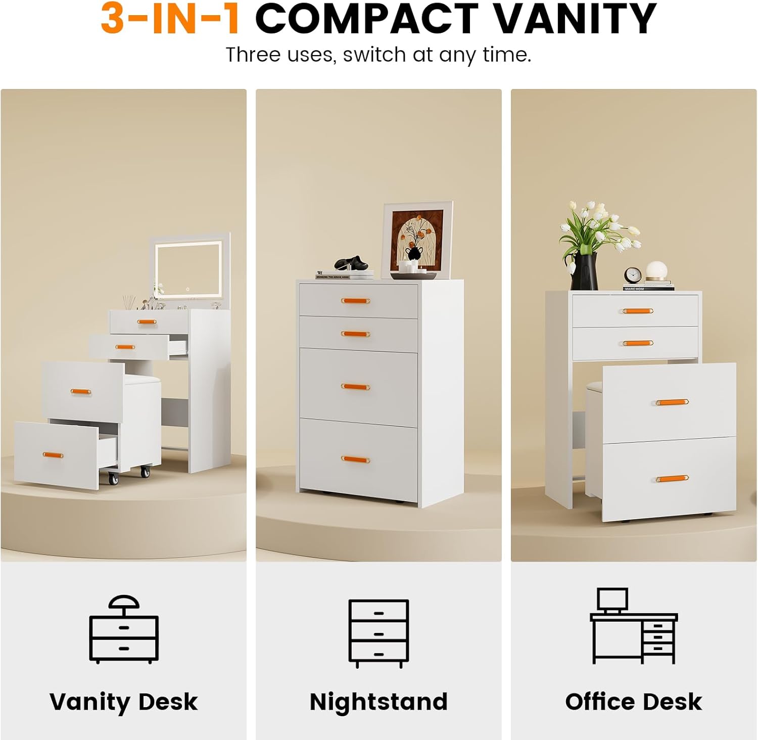 Small Makeup Vanity Desk with Mirror and Lights, 3-in-1 Compact Vanity Set, Nightstand, Dressing Table with Adjustable 3-Light Mode Storage Rolling Chair for Girls Small Room, Bedroom, Apartment White