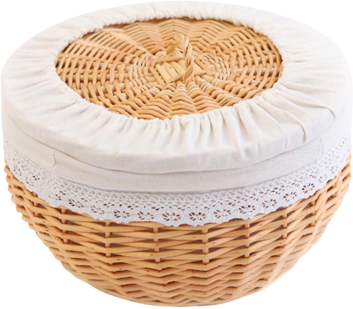 Woven Bread Storage Basket with Pure White Liner, Medium 30cm Diameter, Rattan Food Storage Basket for Kitchen and Dining Table, Household Fruit and Snack Organizer