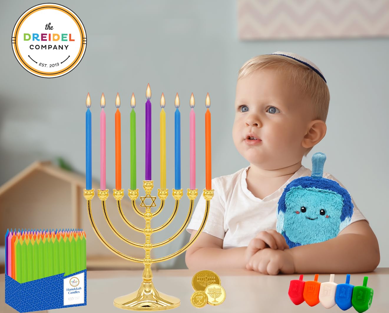 The Dreidel Company Hanukkah Menorah Candles, Crayon Design, for All 8 Nights of Chanukah, Multicolored (Pack of 135)