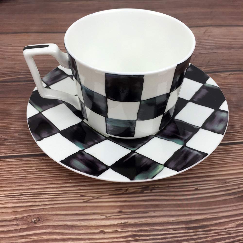 ZHKY Creative Coffee Cup Modern Simple Bone China Tableware Set Banquet Setting Plate Coffee Cup Ceramic Cups Black and White Checkered Restaurant Cafe Coffee Mug for Gift