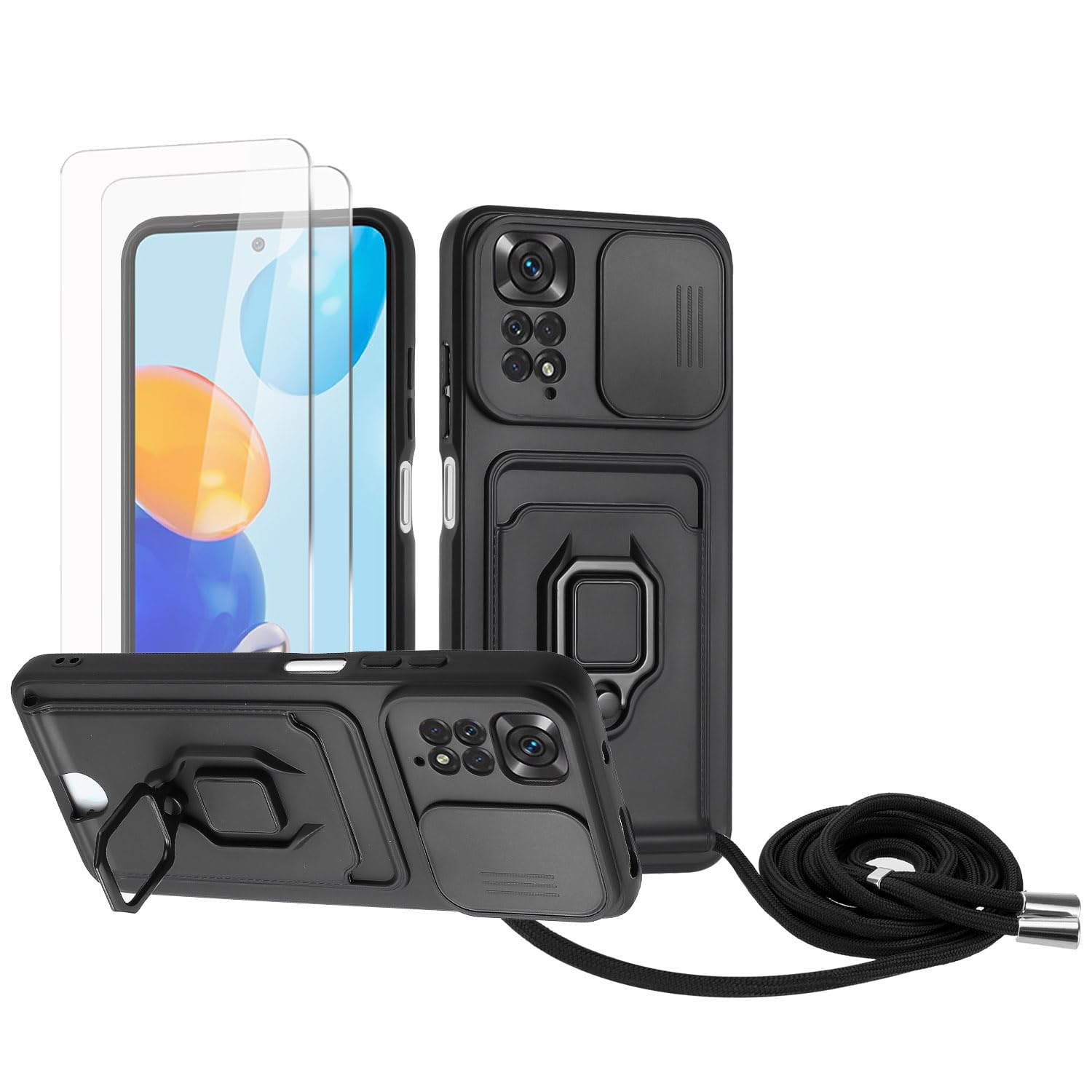 Zallagre Funda con Cuerda Compatible con Redmi Note 13 Pro 5G,[2 Packs Cristal Templado],Ranura para Tarjetas,Cubierta de Cámara Deslizante Proteger,360 Anillo Soporte-Morado — view 26