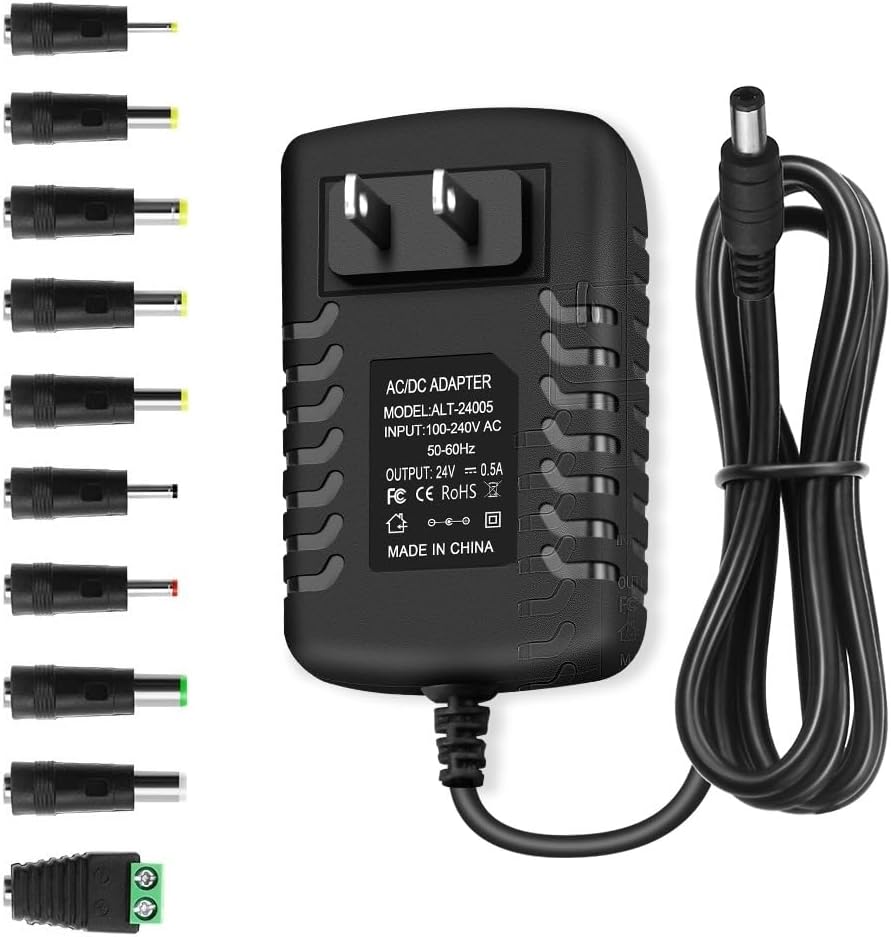 24V 0.5A 500mA DC Power Supply Adapter, AC 100-240V 50-60Hz to 24 Volt 0.5 Amp Transformer, DC 24V Power Cord 4.9ft with 5.5mm x 2.5mm Barrel & 10 Sizes of Tips