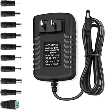 24V 0.5A 500mA DC Power Supply Adapter, AC 100-240V 50-60Hz to 24 Volt 0.5 Amp Transformer, DC 24V Power Cord 4.9ft with 5.5mm x 2.5mm Barrel & 10 Sizes of Tips