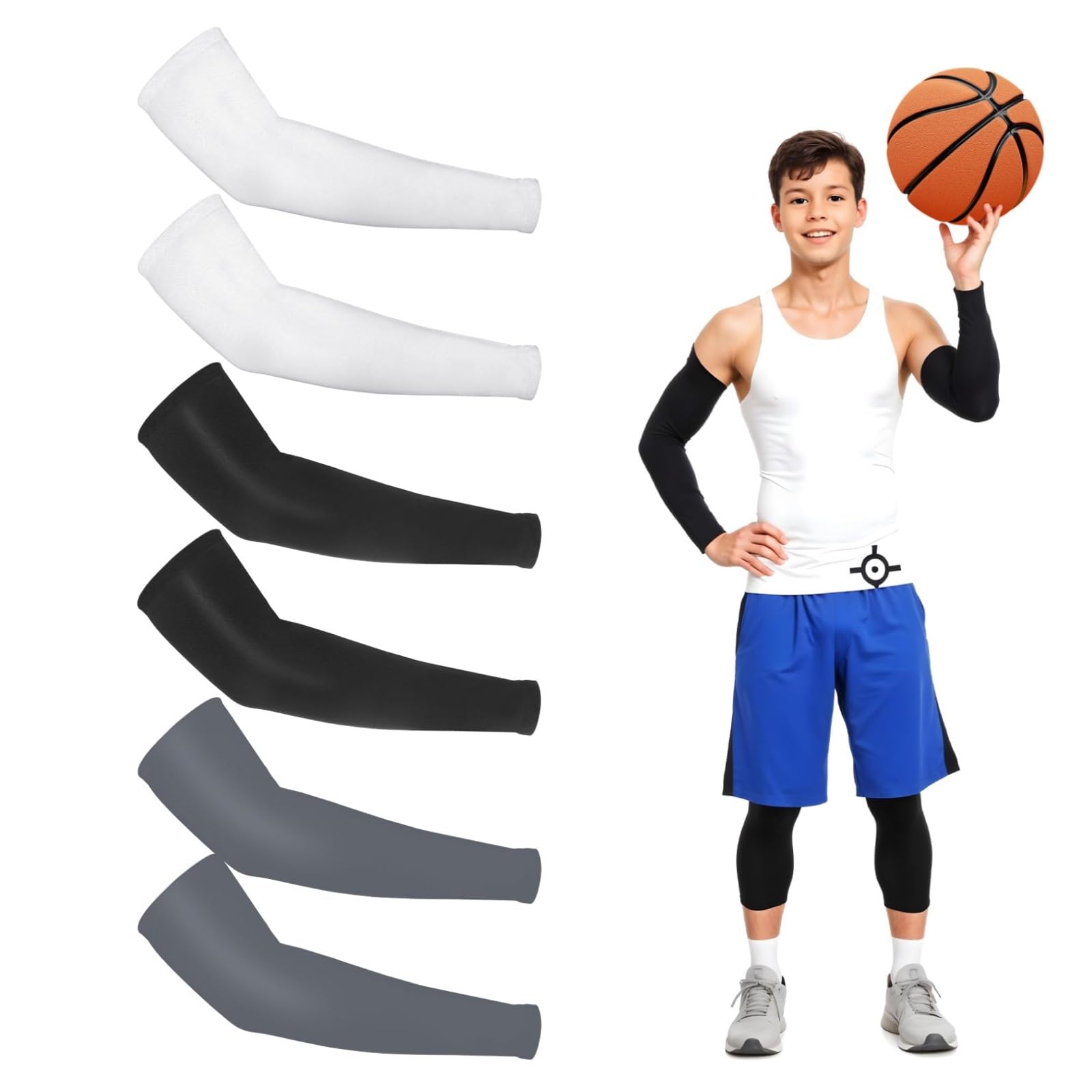 Lot de 3 paires de manchons de compression respirants pour enfants et jeunes - Protection UV - Pour garçons et filles - Pour baseball, football, volley-ball, basket-ball, multicolore, taille unique