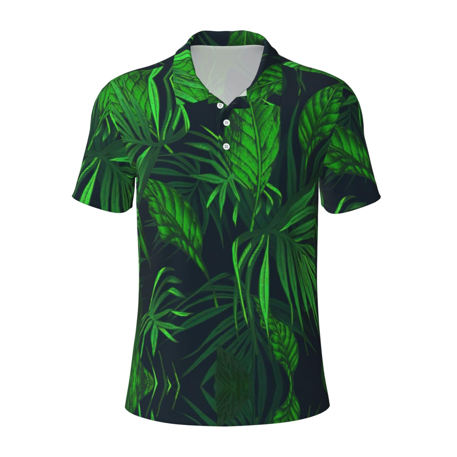 GXUNGT Green Tropical Jungle Plant Print Men's Short-Sleeved Fashionable Polo Shirts,Golf Shirts,Formal Short-Sleeved Lapel Shirts