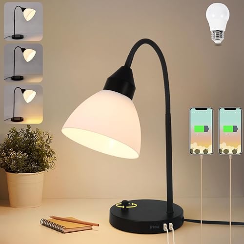 Lámparas de escritorio, lámparas de mesa para dormitorios con 2 puertos USB, lámparas de noche regulables continuas, lámpara de cuello de cisne