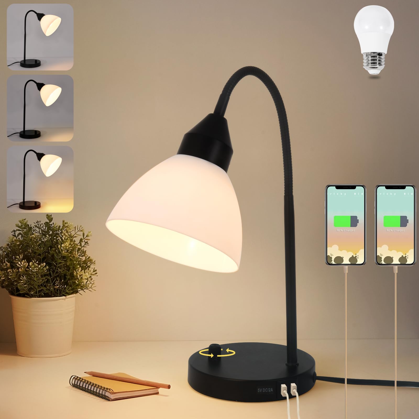 Lámparas de escritorio, lámparas de mesa para dormitorios con 2 puertos USB, lámparas de noche regulables continuas, lámpara de cuello de cisne ajustable para sala de estar, lámparas pequeñas para