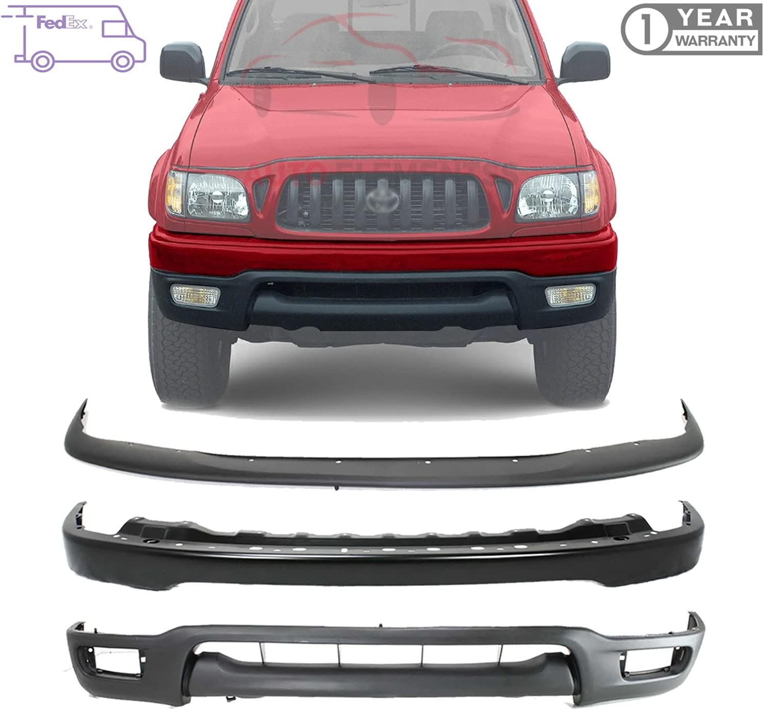 Front Bumper Primed Balck Steel Paintable + Upper Filler Cover + Lower Valance For 2001-2004 Toyota Tacoma 4WD Direct Replacement