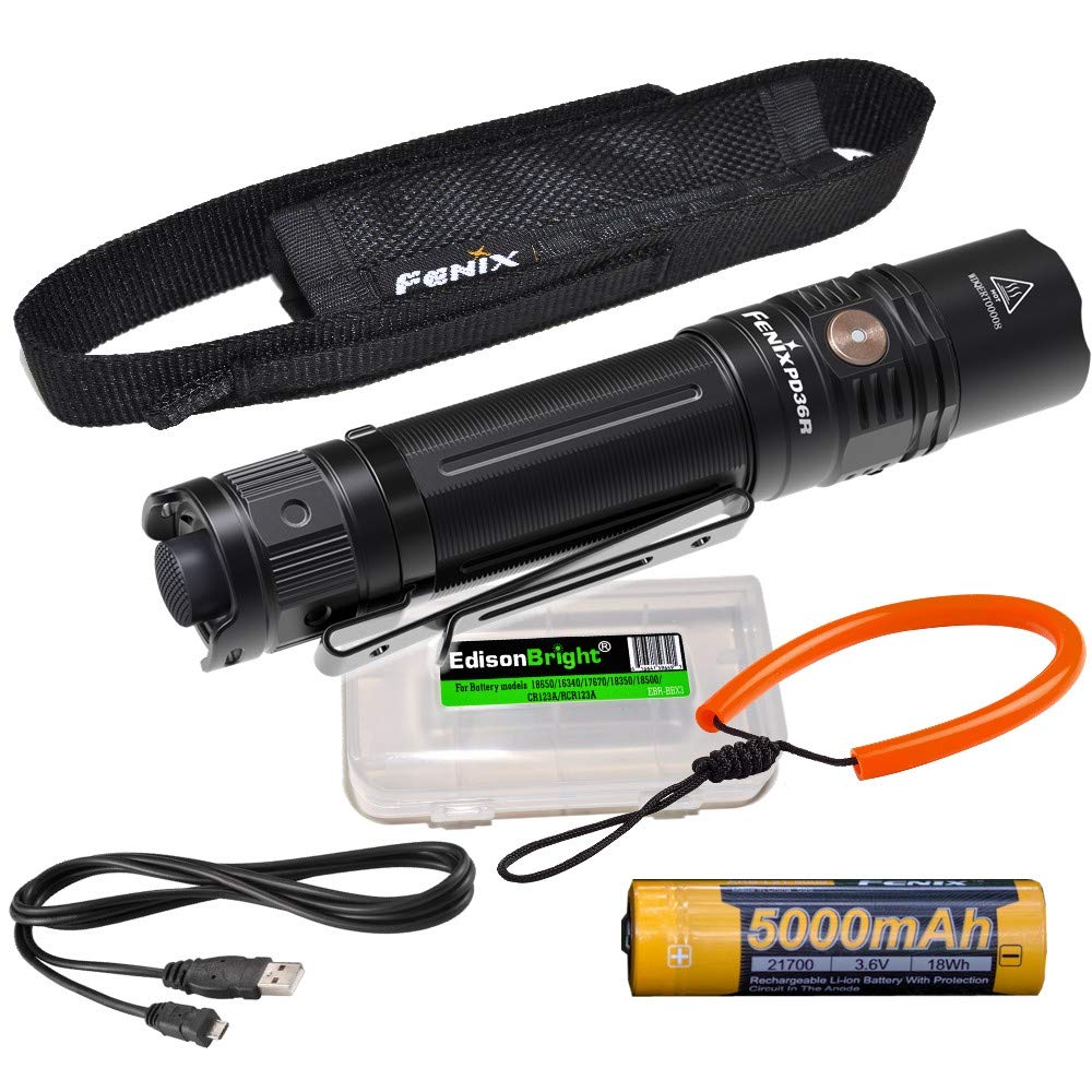 Fenix PD36R 1600 Lumen rechargeable CREE LED tactical Flashlight, ALL-01 lanyard with EdisonBright c