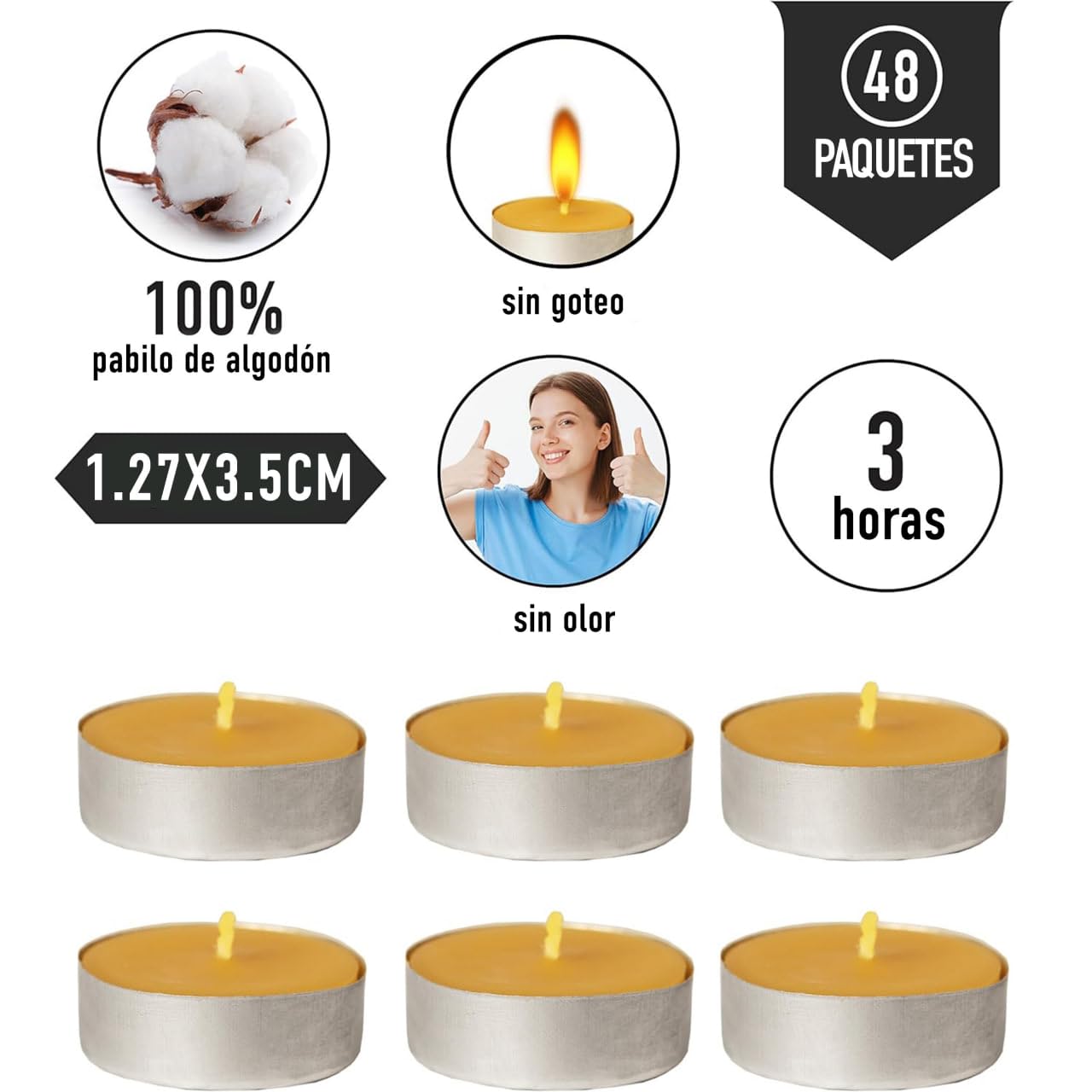 Set de 100% Pura de Cera de Abeja - 48 Velas de Té Sin Humo con una Duración de 3 horas - Mecha de Algodón - Sin Aroma - Regalo para Amantes de las Velas