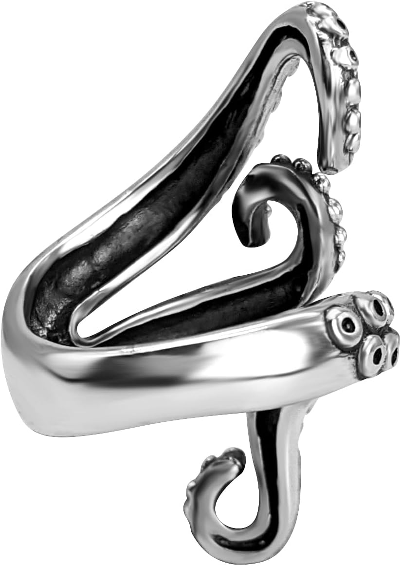 81stgeneration Wraparound Sterling Silver Ring With Octopus Legs Arms - 925 Silver Statement Summer Jewelry - Ocean Kraken Half-Finger Design - Nautical Beach Thumb Ring - Extra Wide Boho Wrap Rings