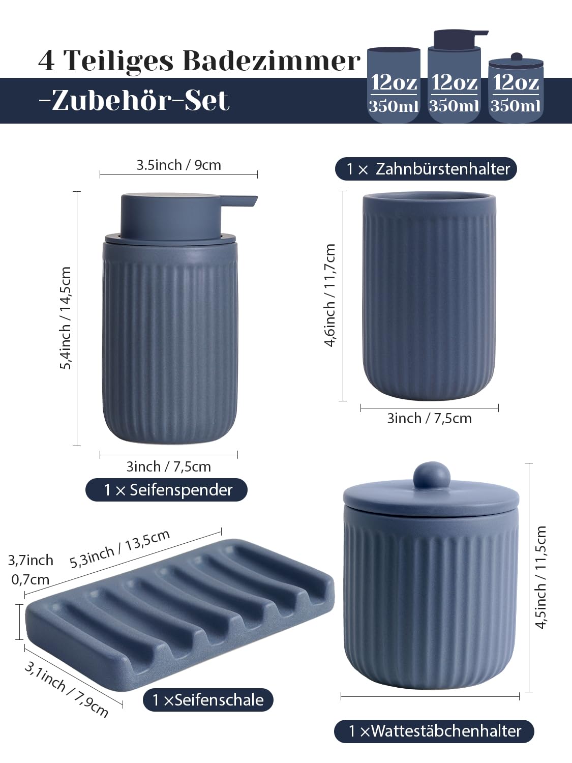 Set de baño azul, 4 piezas de accesorios de baño de cerámica, dispensador de jabón de 350 ml, vaso para cepillos de dientes, jabonera y recipiente para bastoncillos de algodón, set