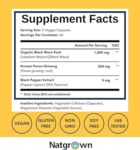 Miniatura 4 de Natgrown Raíz de maca negra + Panax ginseng en polvo cápsulas de 1500 mg con raíz de maca negra peruana y suplemento de Panax ginseng coreano para
