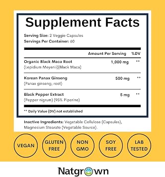 Natgrown Black Maca Root & Panax Ginseng Capsules 1500 mg - 120 Count
