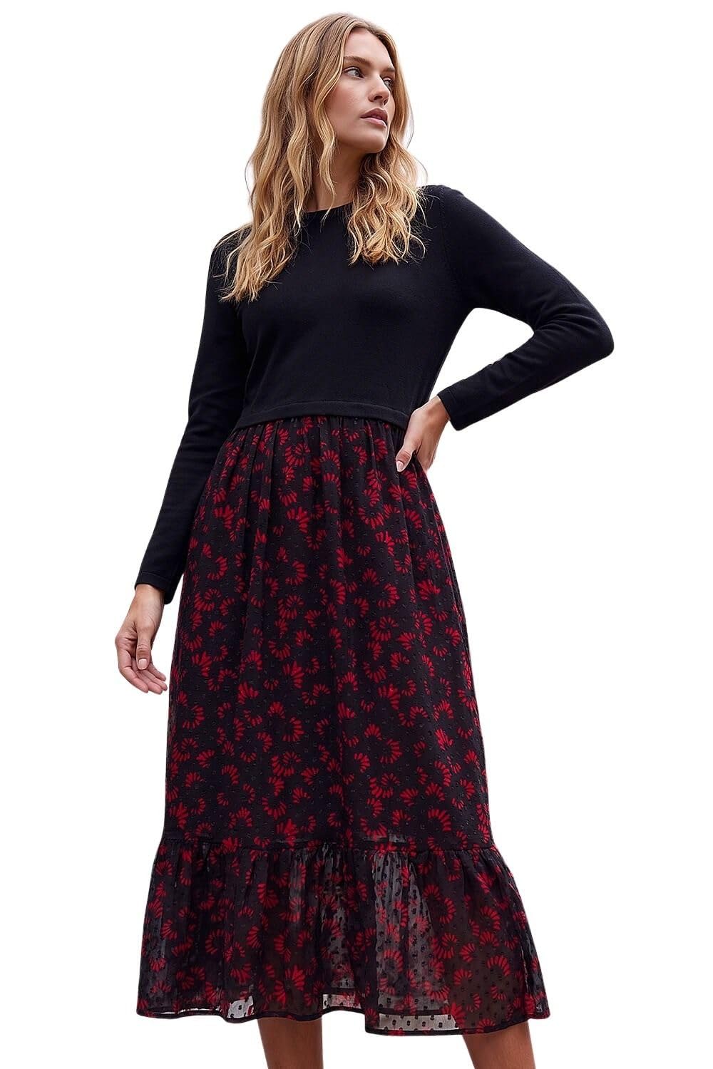 Roman Originals 2 in 1 Animal Print Stretch Midi Dress for Women UK - Ladies Everyday Autumn Winter Round Neckline Comfy Soft Evening Vacation Work Party Night Out - Black - Size 20