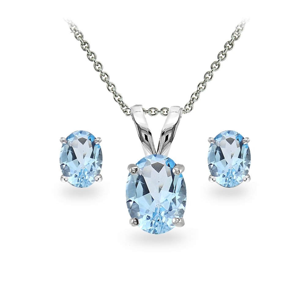 B. BRILLIANTSterling Silver Genuine, Created or Simulated Gemstone Oval Solitaire Necklace & Stud Earrings Set