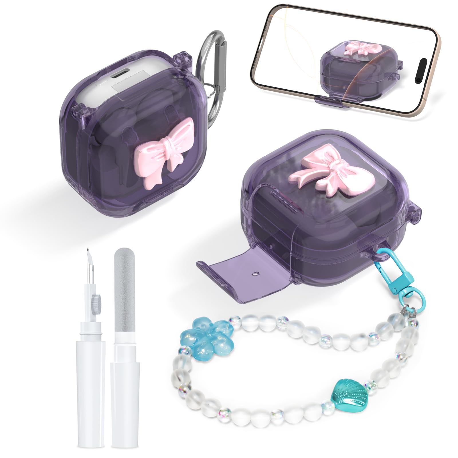 Photo 1 of [Secure Lock] Clear TPU Case with 3D Bow Compatible with Samsung Galaxy Buds 4 Pro/Buds 4 (2026), Shockproof Protector case Cover with Phone Stand, Carabiner?Keychain and Cleaning Kit (Clear Purple)