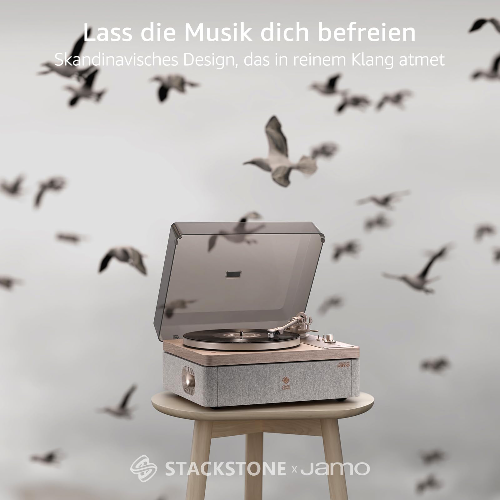 STACKSTONE DS07 x Jamo Vinyl Plattenspieler Bluetooth, Schallplattenspieler mit Lautsprechern, Dual-Layer Anti-Vibrationssystem, Magnetkartusche AT3600L, Hi-Fi, 33/45 RPM, Skandinavisches Design