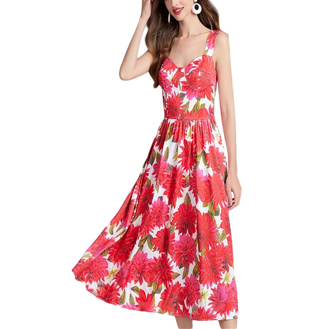LNNSHX Mujer Verano Estampado Floral Vacaciones Midi Vestido Largo Correas Elástico Sin Espalda
