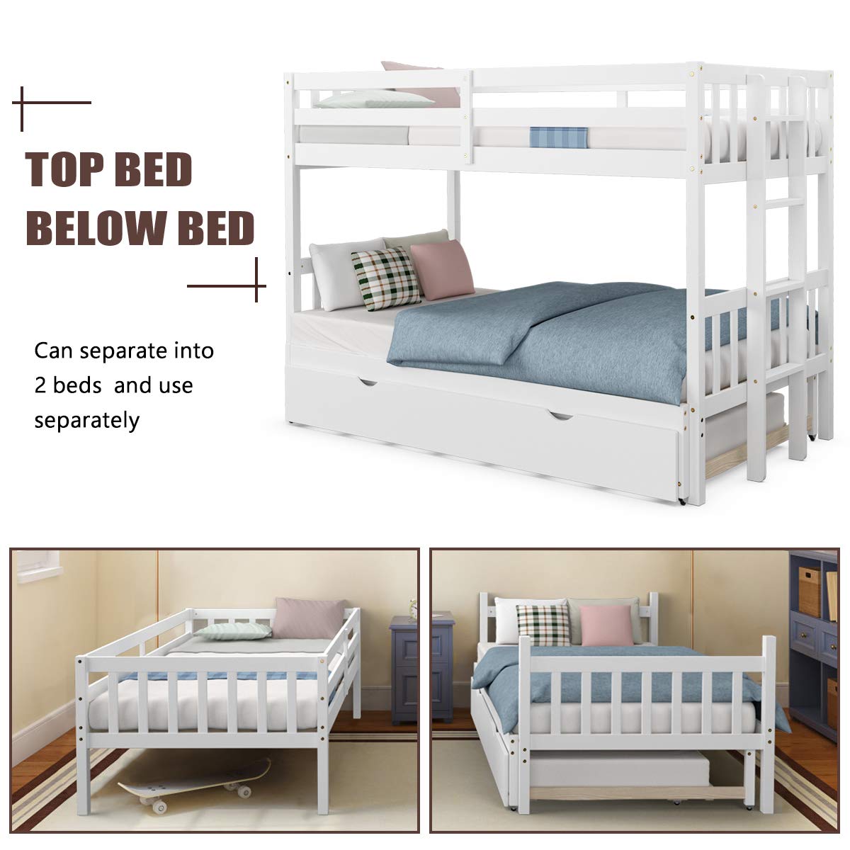 Giantex Twin Over PullOut Bunk Bed with Trundle, Solid Wood Bunk Bed