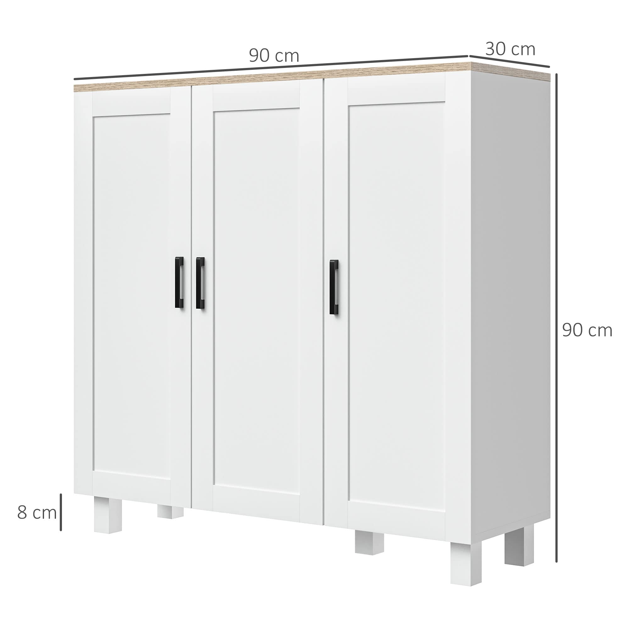 HOMCOM Credenza Cucina in Legno, Mobile Cucina a 3 Ante, Ripiani Regolabili, Stile Scandinavo, Credenza Buffet per Soggiorno, Salotto, Sala da Pranzo, 90x30x90cm, Bianco
