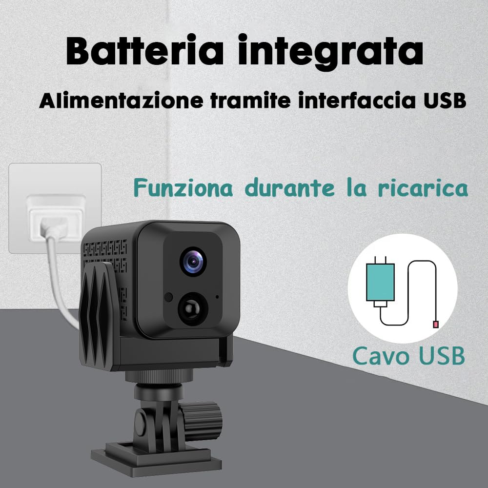 Mini fotocamera, telecamera di sorveglianza WiFi 4K HD con batteria integrata, piccola fotocamera con sensore di movimento, visione notturna, trasmissione in tempo reale e archiviazione cloud (mini2)