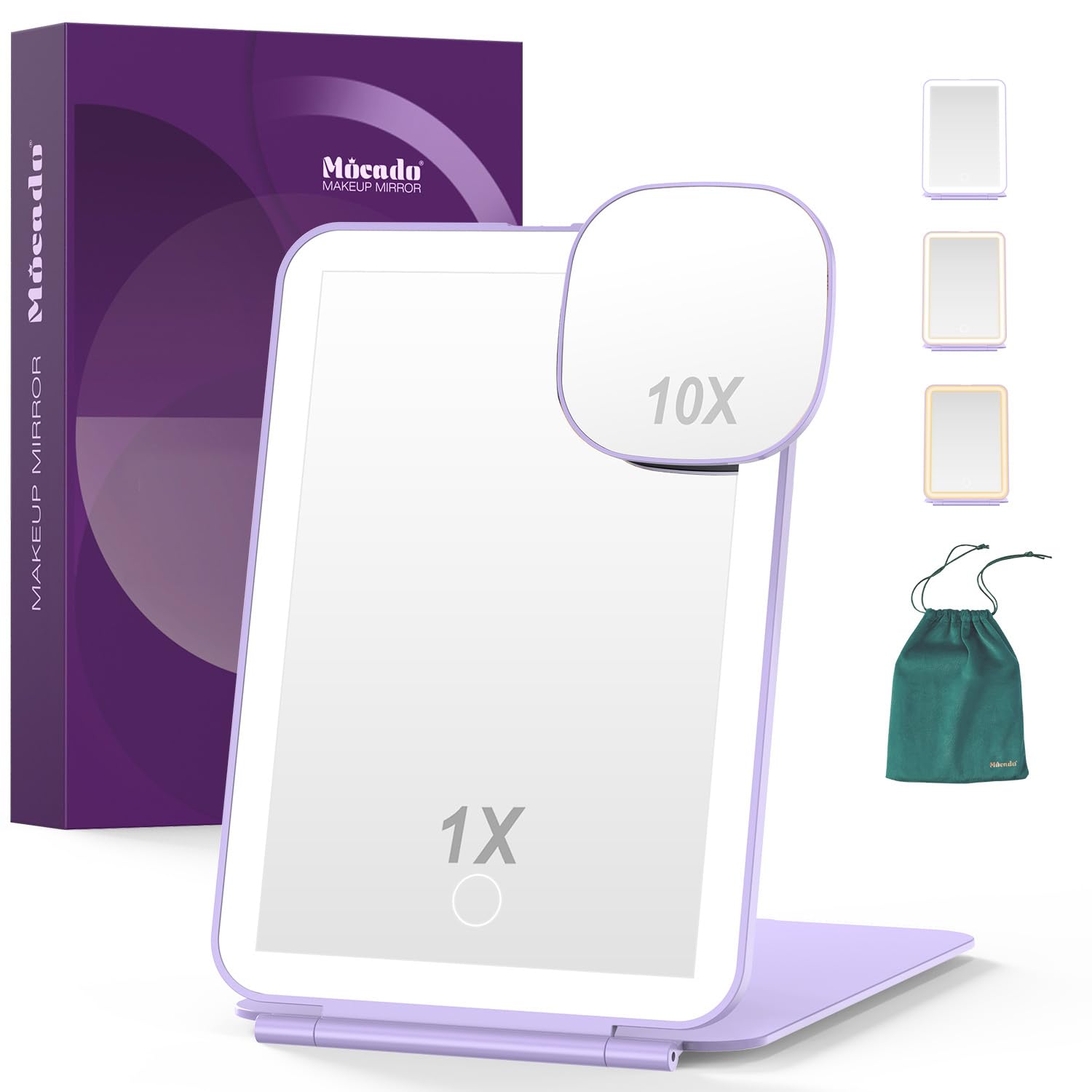 Mocado Violet Rechargeable Travel Makeup Mirror With 72 Led Lights, 1X/10X Magnifying Makeup Mirror With 3 Colors Lights, Tabletop Folding Mirrors For Travel, Touch Screen, Cosmetic