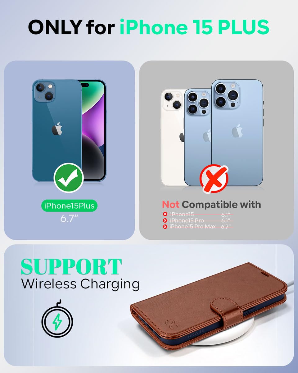 OCASE Compatible with iPhone 15 Plus Wallet Case, PU Leather Flip Folio Case with Card Holders RFID Blocking Kickstand [Shockproof TPU Inner Shell] Phone Cover 6.7 Inch 2023, Brown
